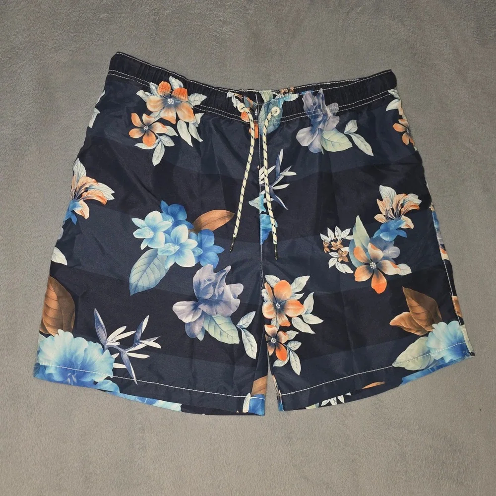 Tommy Bahama Navy Floral Swim Trunks with Blue & Orange Flowers